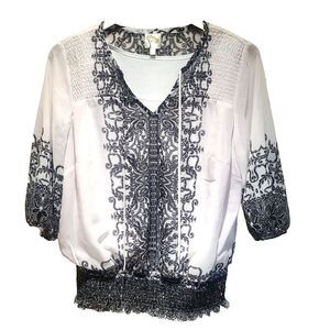 Fig & Flower 2X Sheer Chiffon Peasant Top 3/4 Black & White Stretch Waist Blouse